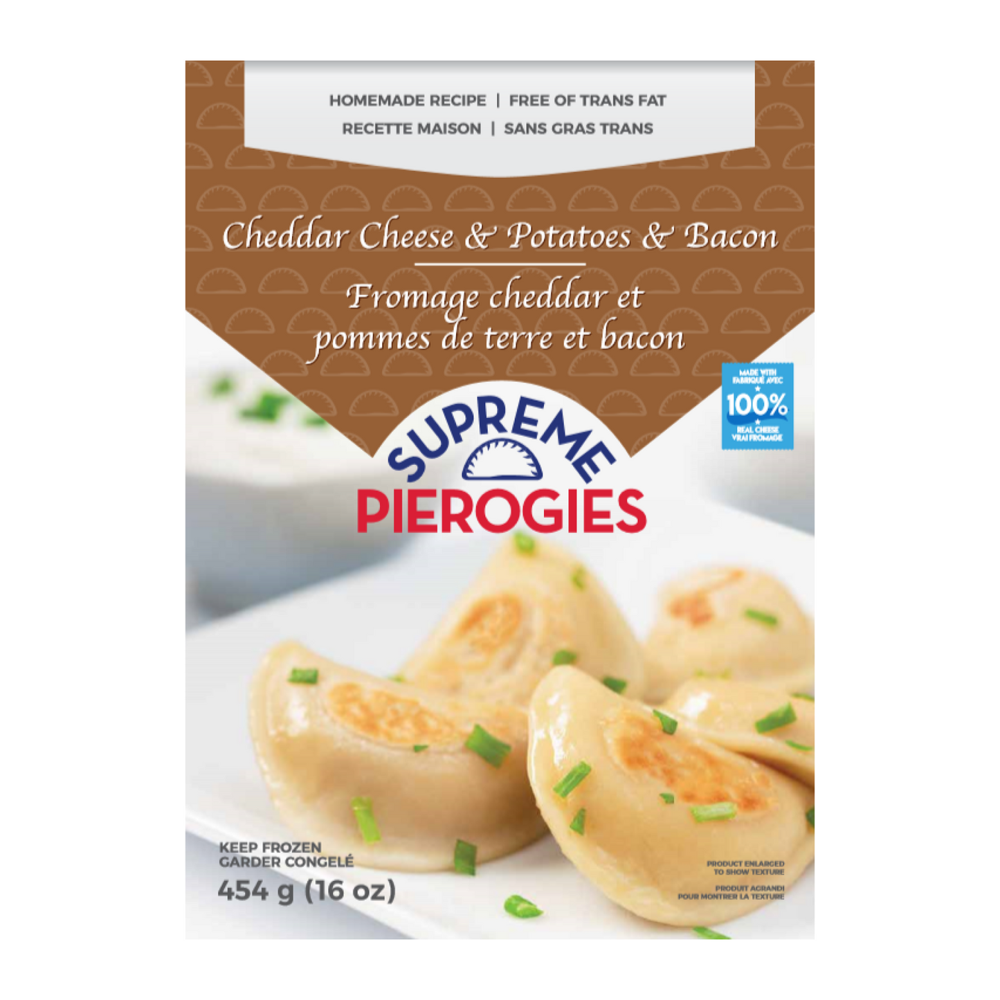 Supreme Pierogies Potatoes, Cheddar Cheese, and Bacon