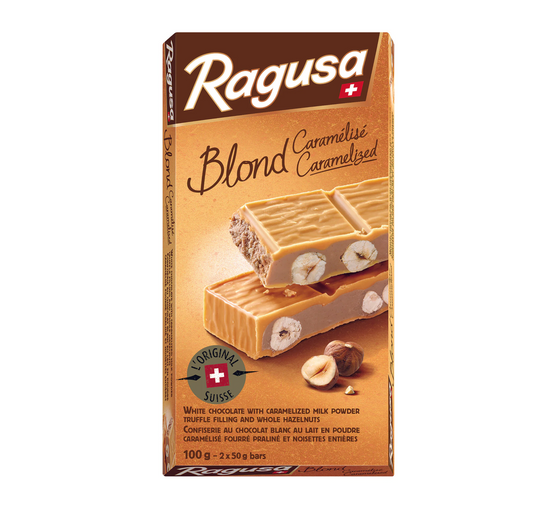 Ragusa White Chocolate Confectionery with Caramelised Milk Powder Truffle Filling and Whole Hazelnuts 100g