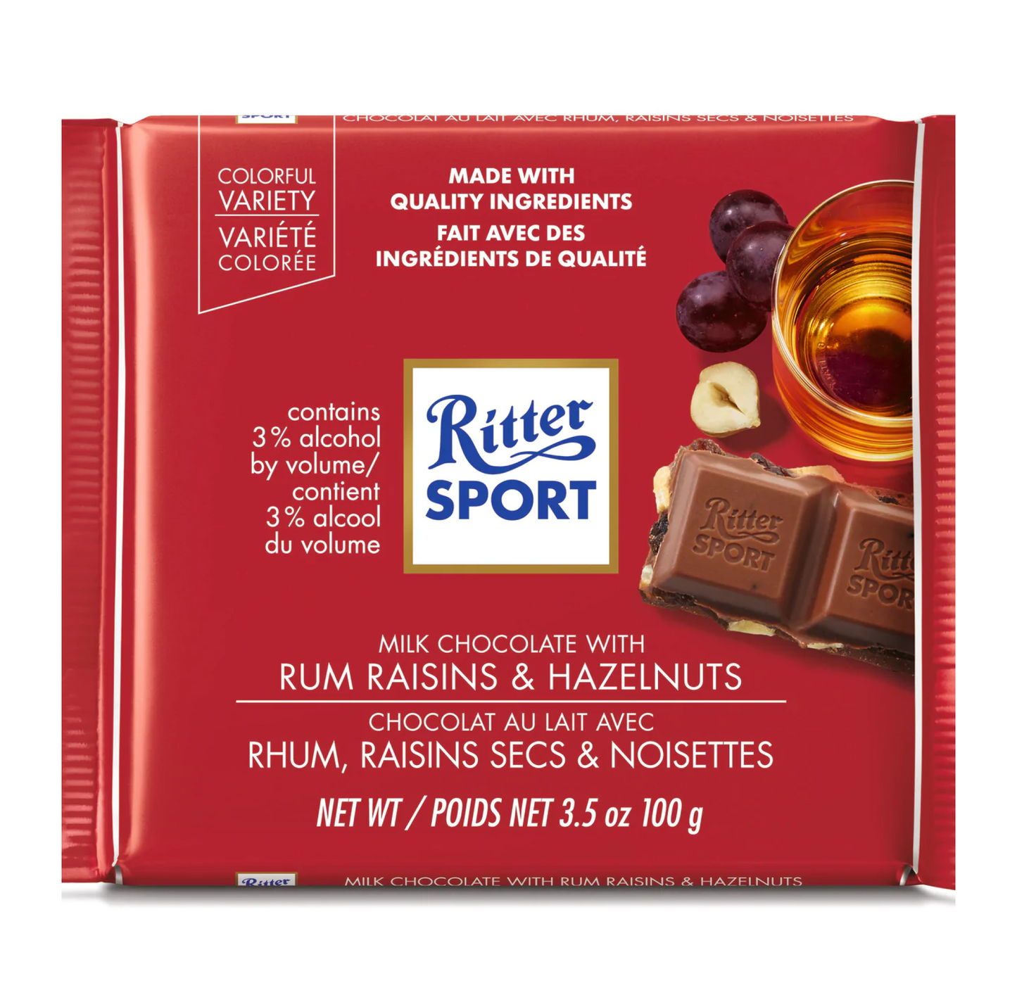 Ritter Sport Milk Chocolate with Rum, Raisins & Hazelnuts 100g